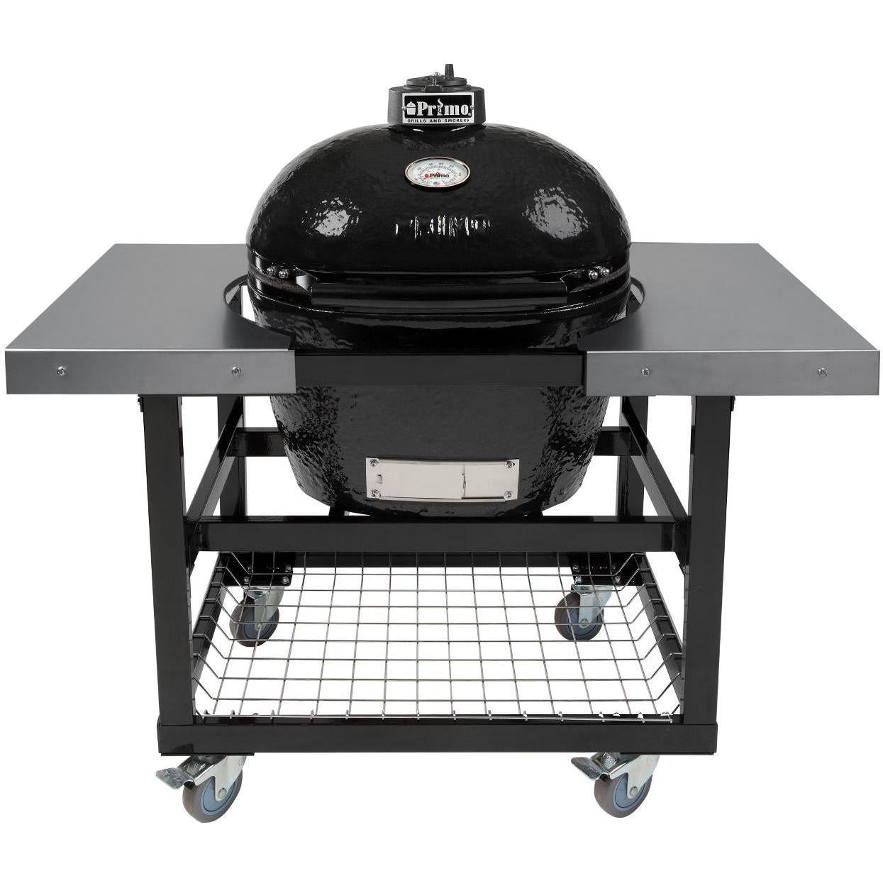 Primo Oval XL Ceramic Kamado Grill On Steel Cart With Stainless Side T BBQHangout